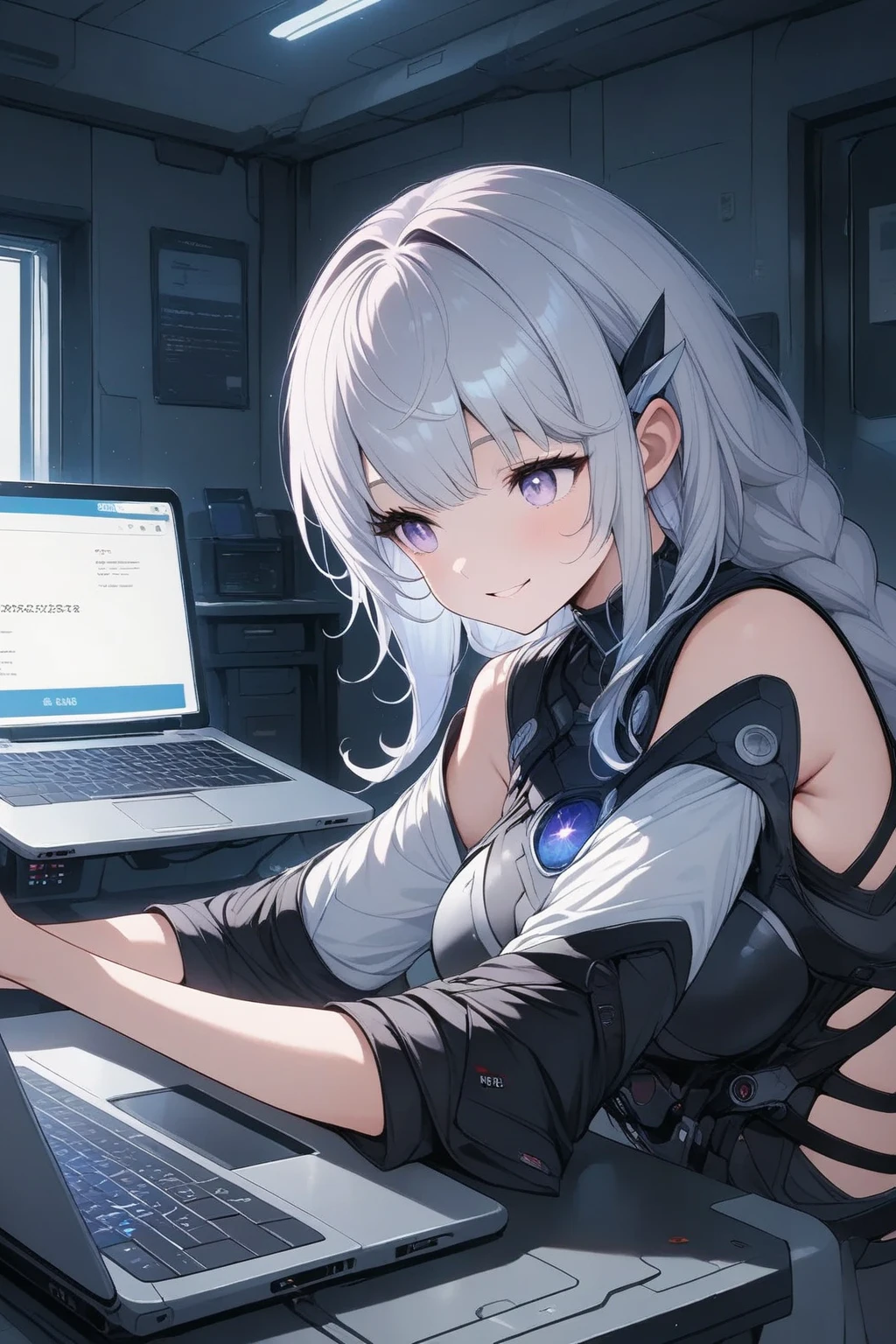 Highest quality, masterpiece, 超High resolution,Seraphim, skirt,View your viewers,indoor, sitting at a desk with a laptop and a camera,One girl ,Red eyes, Cleavage, Multicolored Hair, Grey Hair, Striped Hair, hair ornaments, smile, Black Hair, Clothing cutouts,Black jacket, Earrings, Braiding, tooth,Long Hair,masterpiece, High resolution, Octance 4K, Attention to detail