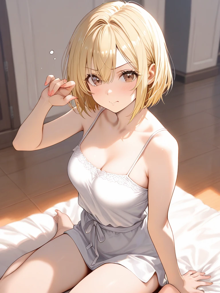 skirtlift,Blonde Waves,,Short Hair,See-through,,Off the shoulder,Cleavage,From below,On all fours:1.5,,hotel room with bed,:1.5. Tokyo night view,Open your legs as wide as you can,M-shaped legs,orgasm