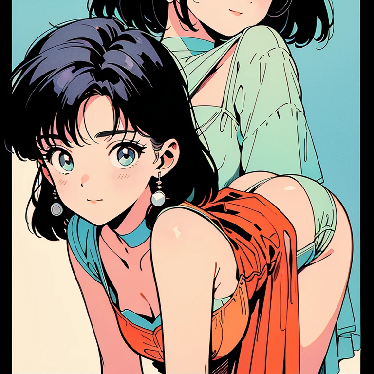 anime style 90's retro style, pretty woman design ideas, slicked back hair, sexy woman, bikini