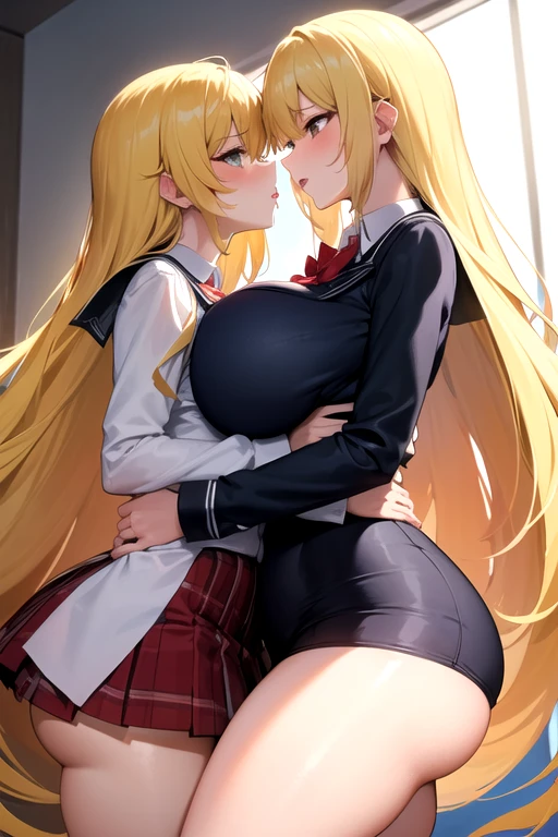 Lesbian (very long loose yellow hair)(big breasts, big thighs)(with school uniform clothes it is very tight) that he is kissing at school with his girlfriend,(big breasts, big thighs)lesbian love