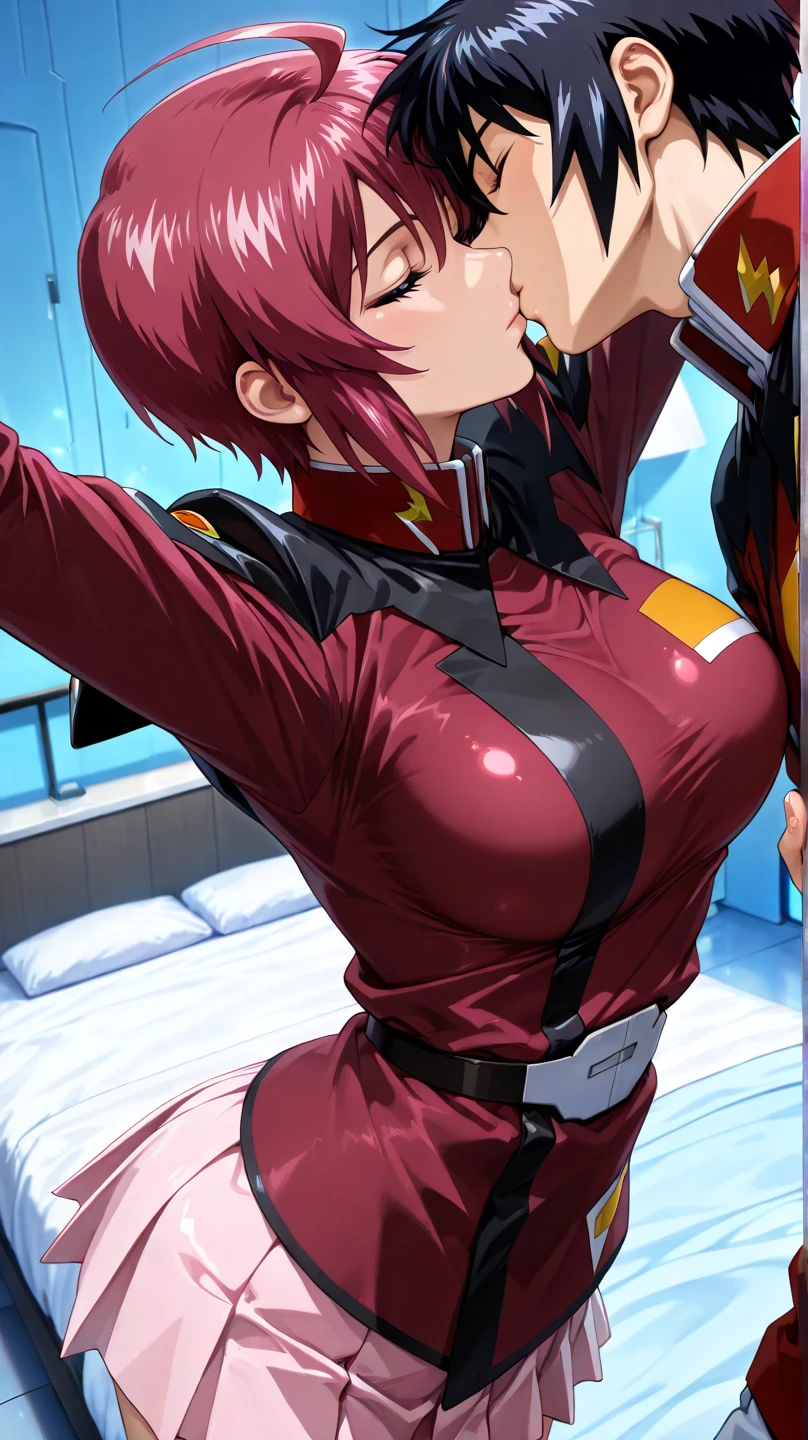 masterpiece, best quality, highres, 1girl, solo, pink skirt, military uniform, short hair, (((ahegao))), black thighhighs, red hair, purple eyes, purple hair, long sleeves, 18yo,Beautiful Finger,Beautiful long legs,Beautiful body,Beautiful Nose,Beautiful character design, perfect eyes, perfect face,expressive eyes, looking at viewer, in the center of the image, (innocent_big_eyes:1.0),(light_smile:0.3), official artperfect lighting,Colorful, Bright_Front_face_Lighting, photography, 8K, HDR, highres, absurdres:1.2, film grain, blurry background, bokeh:1.2, lens flare, (vibrant_color:1.2) (Beautiful,Breasts:1.4), (beautiful_face:1.5),(narrow_waist), Beautiful body, (fondling breasts), (((beautiful nipples))), (((naked))), (((seductive pose))), (((cum on breasts))), (((blushing))), (((oily body))), exposed female genitalia, (((spreading legs))), (((pissing))), (((red pubic hair))), (((inserting dildo inside female genitalia))), (((seductive)))