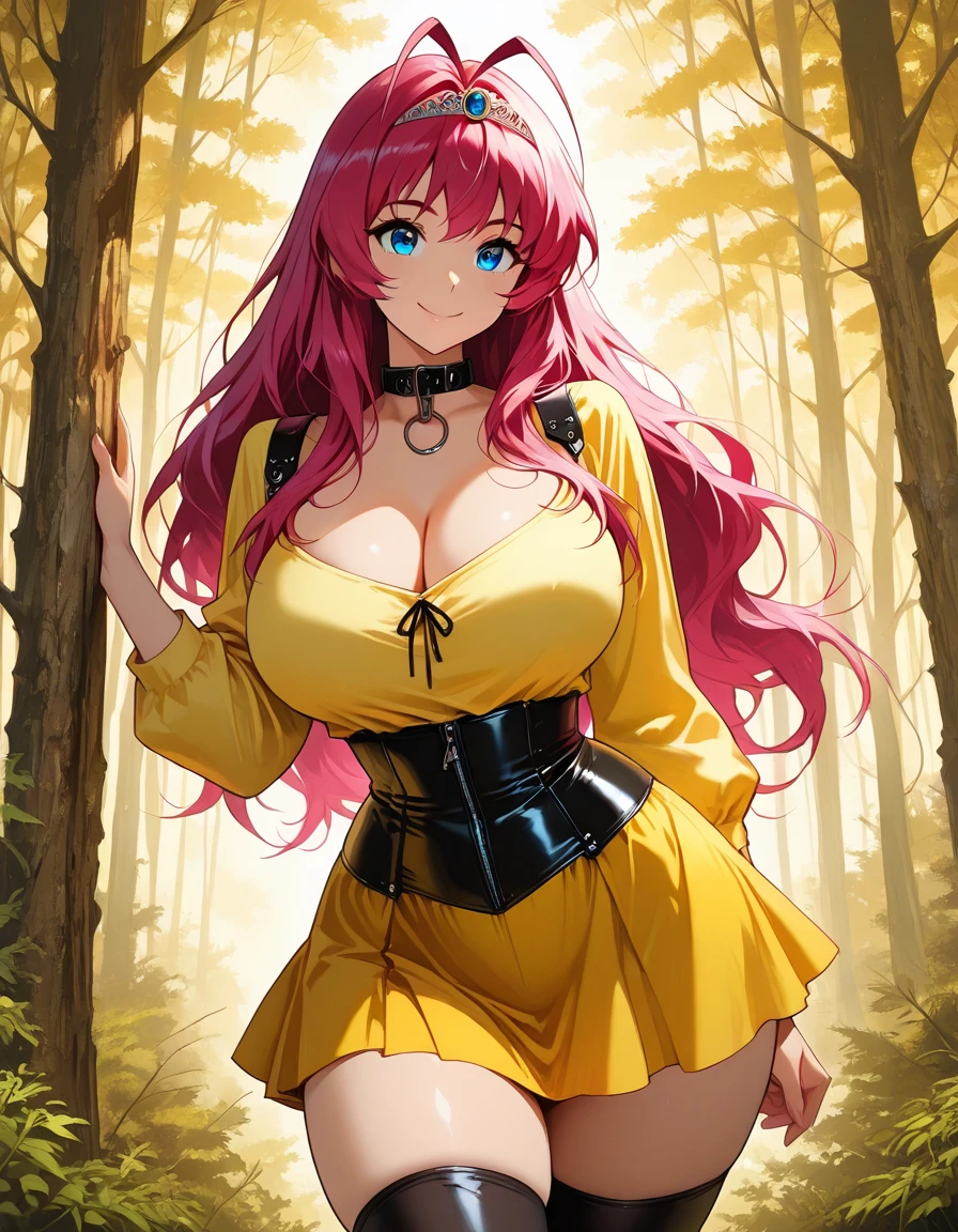 masterpiece, best quality, high resolution, uhd, 4k, 1girl, (pink hair, long hair, detailed hair, cat ears, pink eyes, black hair ribbons:1.2), (adventurer’s outfit, hood, tank top, skirt, thigh highs:1.2), forest, (curvy, thick, huge breasts:1.1)