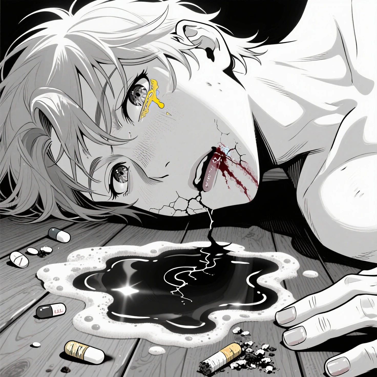 brown eyes, sexy boy, (((cute and wet white shirt)) ), extremely detailed, hyper detailed, (((perfect face)), soft lighting, ((best quality)), cute face, (wet white semen  ),(( 1 boy)),((fair skin, black hair, Shiny highlights on eyes,  kitchenroom, semen  splash from boy,erection,erect penis,crotch tung,bulging crotch,His nipples are tingling,erotic.)),men, human ,only boy,((boy 16 year old)), erotic,