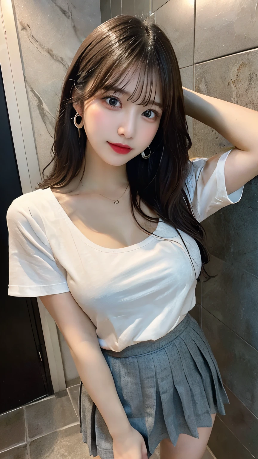((Full Body Angle))、overhead shot,((highest quality, 8K, masterpiece: 1.3)), concentrated: 1.2, Cute girl 1,Nipples erect、 Perfect beauty: 1.4,Cut and sewn T-shirt Raglan sleeve summer short sleeve T-shirt.Shorts: 1.2,Long sleeve、Randall Color、comics&Text Graphics、Black ruffle-trimmed drawstring zip blouse,1.1, Highly detailed face and skin textures, Fine grain, double eyelid, whitening skin, ,highest quality,Ultra-high resolution,you,1 girl,alone,_Shiny_skin,Iris,necklace,((Brown_length_Wavy_hair)),(lips)),eyelash,Front hair,deal with,compensate,Shiny,pore,skin texture,Large Breasts、smiling face、Front hair、