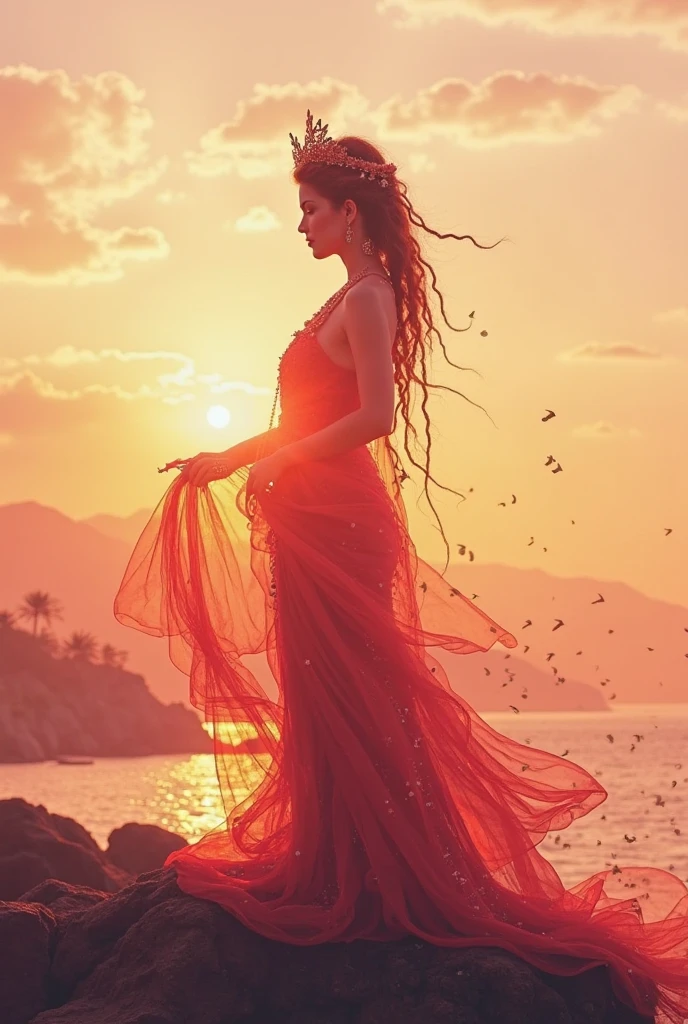 high quality,8k ultra high definition,美丽的Doubleexposure,Combining the silhouette of the goddess with the sunset coast, sunset coast should be used as the bottom background,Details are integrated into the silhouette of the goddess,Clear lines,The background is a monochromatic ,Focus sharp,Doubleexposure,Created by yukisakura,Gorgeous full color