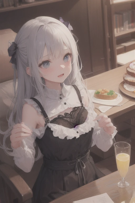 Woman wearing black lace,gently wiggles her body around the table,moves like a dance。