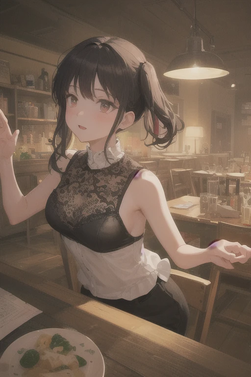 Woman wearing black lace,gently wiggles her body around the table,moves like a dance。