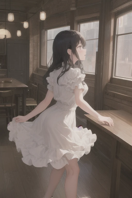 Woman wearing black lace,gently wiggles her body around the table,moves like a dance。