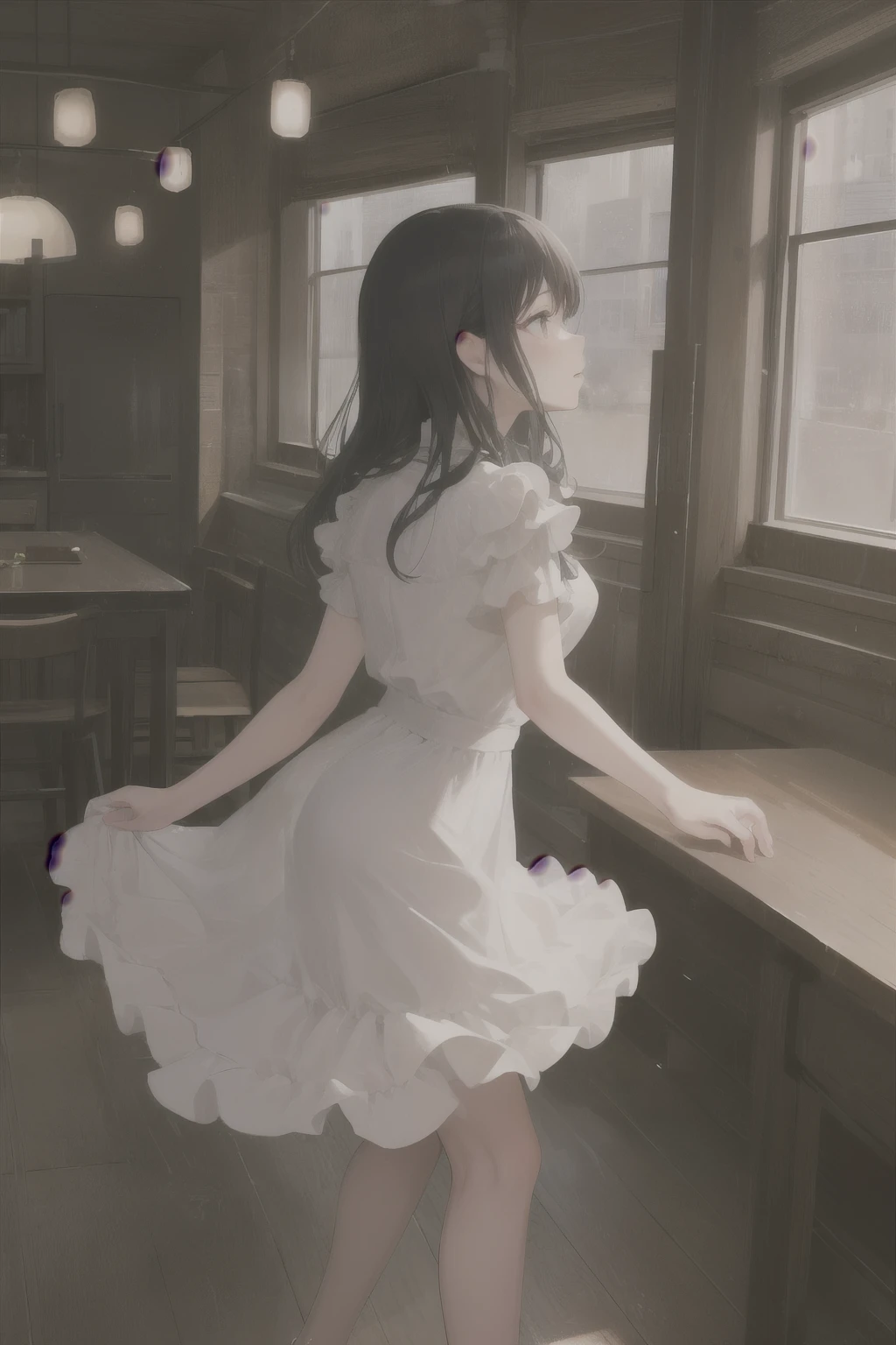 Woman wearing black lace,gently wiggles her body around the table,moves like a dance。