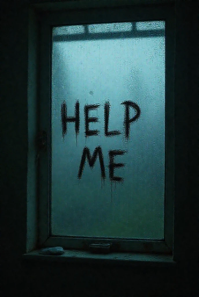 A dreadful atmosphere soaked in rain、Frosted window glass,scribbling a rough。on the condensation and dirt on the internal surface,“HELP ME” message in reverse、“HELP ME” message written in reverse。in a dark abandoned room,The cinematic light casts soft shadows,Raindrops falling down the glass。No one showed up,enhances the uneasy atmosphere。