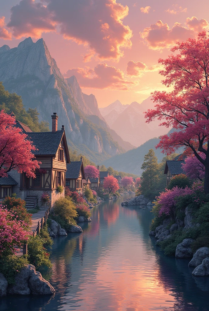 , a small riverside village,The background is mountains,Flowers bloom,Vivid colors,Detailed scenery,Beautiful natural landscape,Ambiance Lighting,Scorching sunset,a warm color palette,utility,utility摄影,Delicate leaves,Complex architecture , cobblestone streets , charming country cottages , swirling bright colors, dense vegetation ,Still water reflections,picturesque,Leisure and tranquility,artwork of a,Best quality,8k,Extremely detailed,anime style