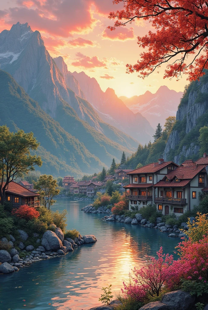 , a small riverside village,The background is mountains,Flowers bloom,Vivid colors,Detailed scenery,Beautiful natural landscape,Ambiance Lighting,Scorching sunset,a warm color palette,utility,utility摄影,Delicate leaves,Complex architecture , cobblestone streets , charming country cottages , swirling bright colors, dense vegetation ,Still water reflections,picturesque,Leisure and tranquility,artwork of a,Best quality,8k,Extremely detailed,anime style