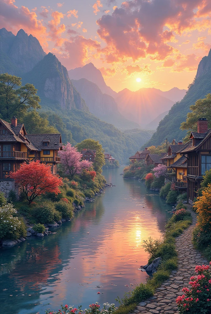 , a small riverside village,The background is mountains,Flowers bloom,Vivid colors,Detailed scenery,Beautiful natural landscape,Ambiance Lighting,Scorching sunset,a warm color palette,utility,utility摄影,Delicate leaves,Complex architecture , cobblestone streets , charming country cottages , swirling bright colors, dense vegetation ,Still water reflections,picturesque,Leisure and tranquility,artwork of a,Best quality,8k,Extremely detailed,anime style