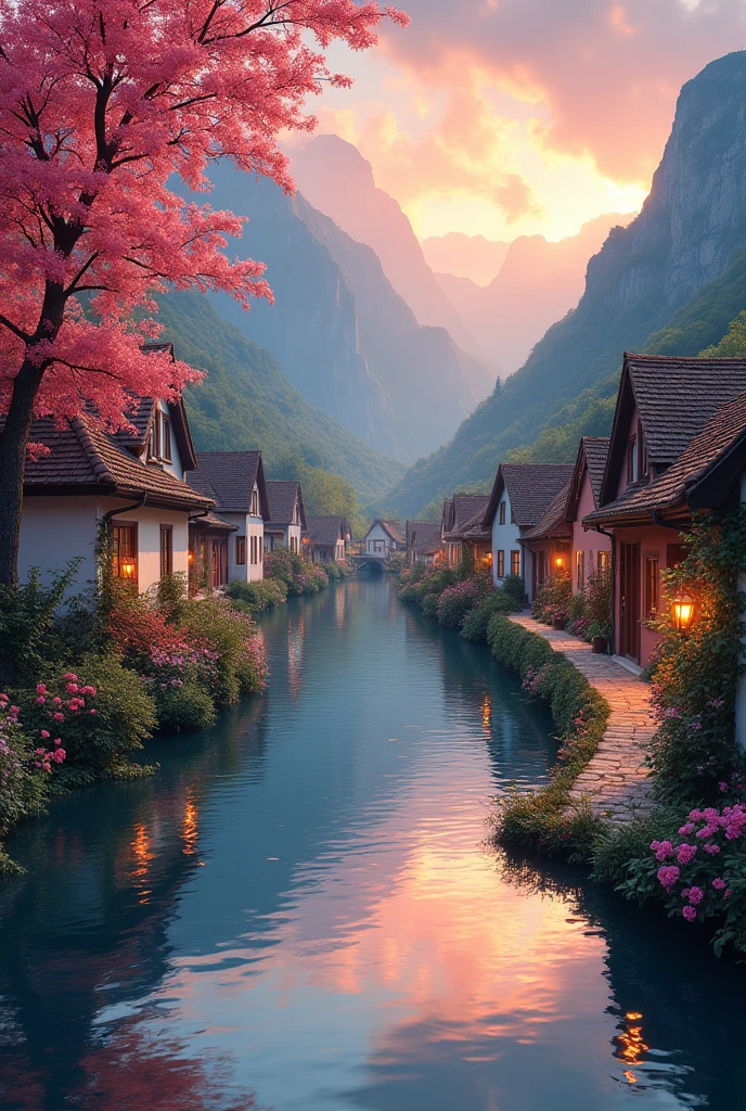 , a small riverside village,The background is mountains,Flowers bloom,Vivid colors,Detailed scenery,Beautiful natural landscape,Ambiance Lighting,Scorching sunset,a warm color palette,utility,utility摄影,Delicate leaves,Complex architecture , cobblestone streets , charming country cottages , swirling bright colors, dense vegetation ,Still water reflections,picturesque,Leisure and tranquility,artwork of a,Best quality,8k,Extremely detailed,anime style