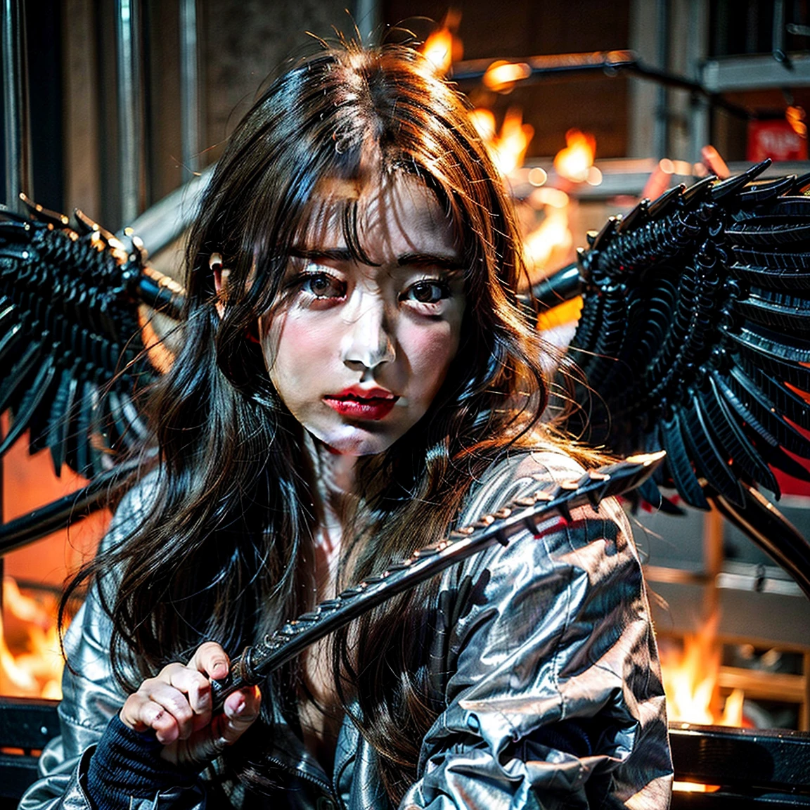 (( Super beautifully illustrated, 8 thousand, masterpiece :1.2, Sharp focus :1.2, Depth of field :1.2)), Beautiful female swordsman, Absurd , Highly detailed facial and skin textures, silber hair, Pitch-black armor, Flame armor, Flaming cloak, A flame-wrapped sword, Wings of Fire, Determination to overcome grief, Your gentle eyes reveal a firm determination , Strong soul