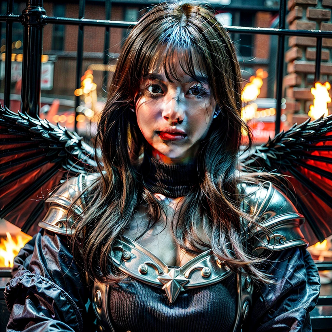 (( Super beautifully illustrated, 8 thousand, masterpiece :1.2, Sharp focus :1.2, Depth of field :1.2)), Beautiful female swordsman, Absurd , Highly detailed facial and skin textures, silber hair, Pitch-black armor, Flame armor, Flaming cloak, A flame-wrapped sword, Wings of Fire, Determination to overcome grief, Your gentle eyes reveal a firm determination , Strong soul