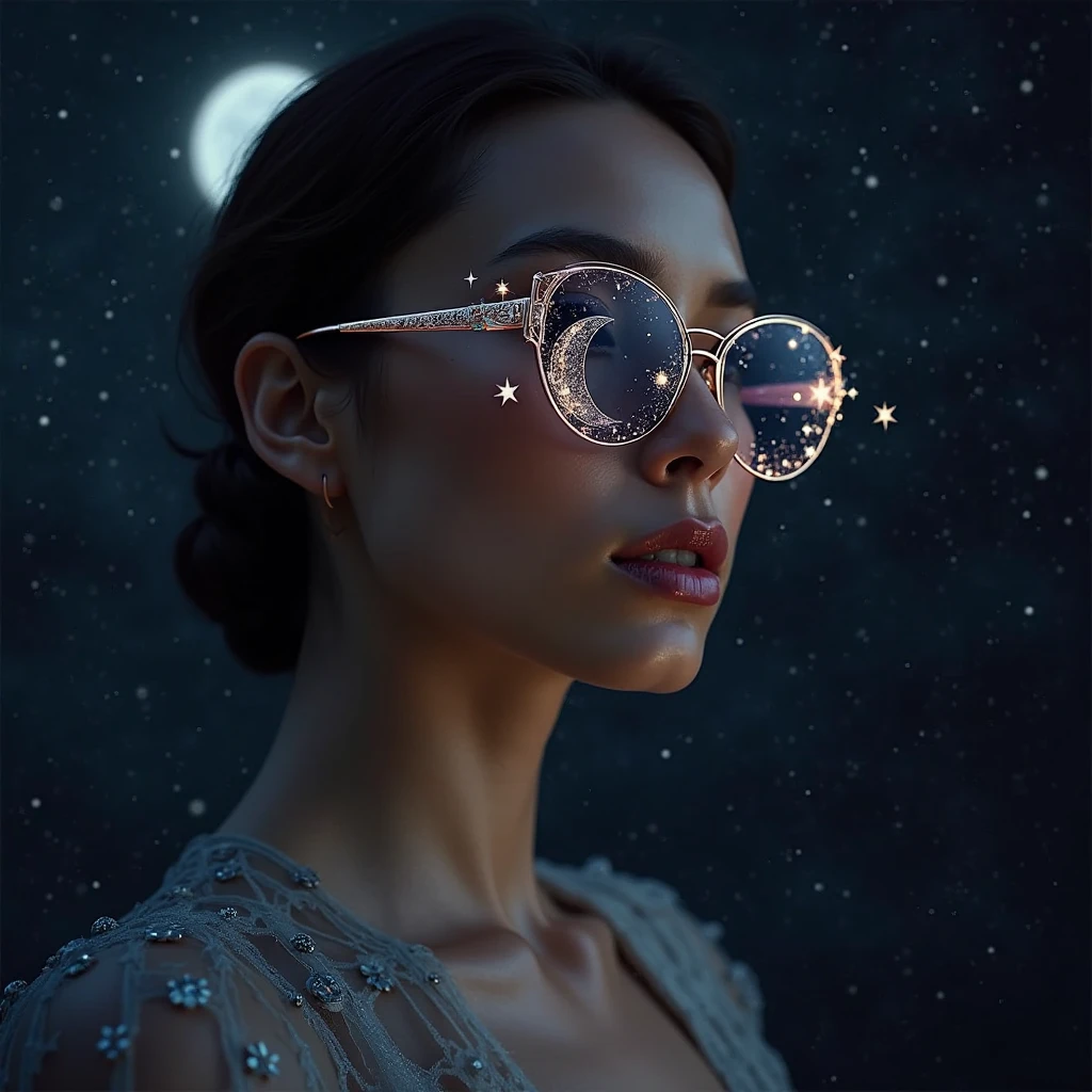 Model wearing glass sunglasses,There are stars and moon on the lens