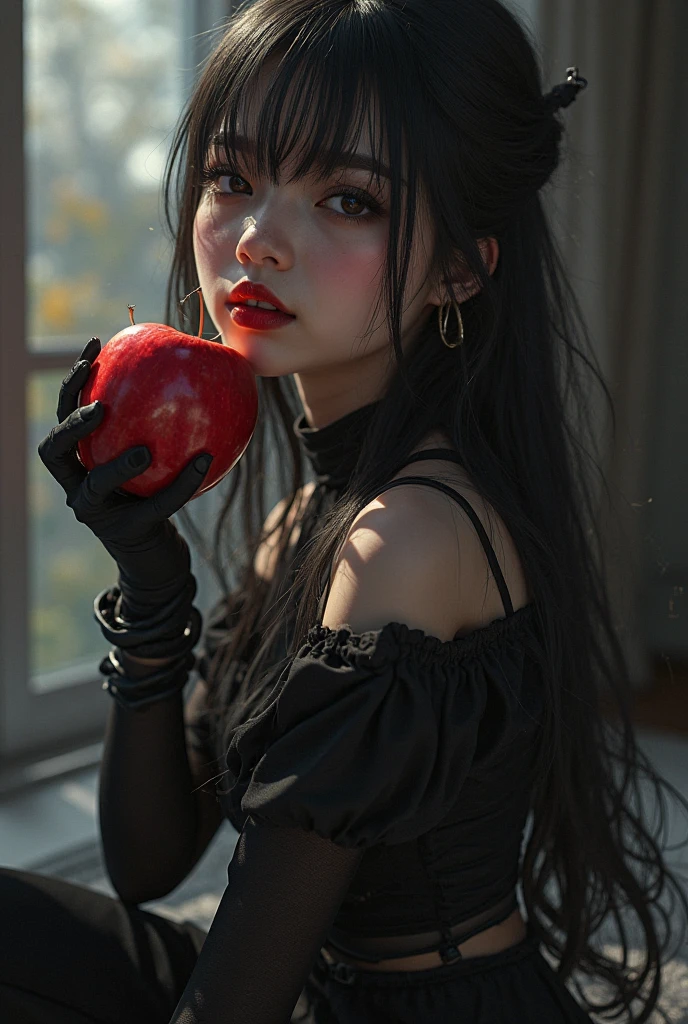 ((RAW photos )，Absurd  ，(Absurd  分辨率))，masterpiece，best qualityer，(Extremely Detailed 8k Unity CG Wallpaper)，(The best illustrations)，(BEST SHADOW)，Realistic Lighting，Beautiful and Detailed Brilliance ，((21yo))，girl，longblackhair，Black Queen，fittings，Take the apple，Poison apples，The Witch Queen，red lipsticks，(((Her Photographic Perspective)))