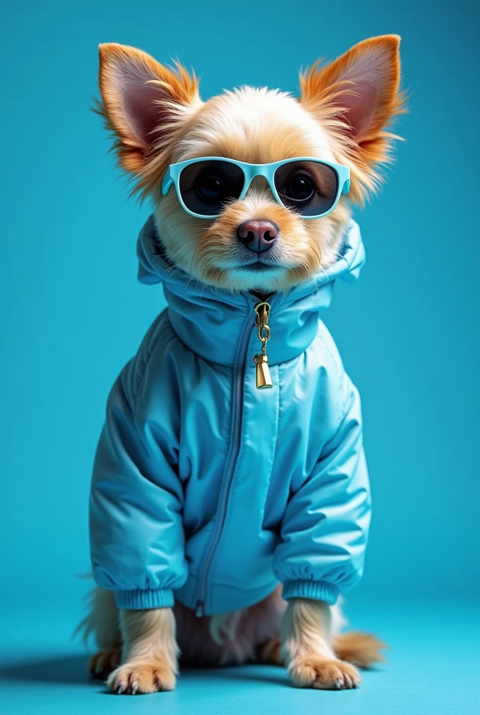  best mobile wallpaper ， Award-winning wallpaper ， Photo photography ，  Front view of a cute dog  ， Wearing a mid-1960s space fashion costume，Side view photo，Shot with a Canon EOS R5， Strong contrast to highlight the theme ，Fluorescent blue ， Wearing a very modern jacket and sunglasses ，tas&#39;  s 1960s modern style  ，  All clothes are a single color  ，Beautiful background