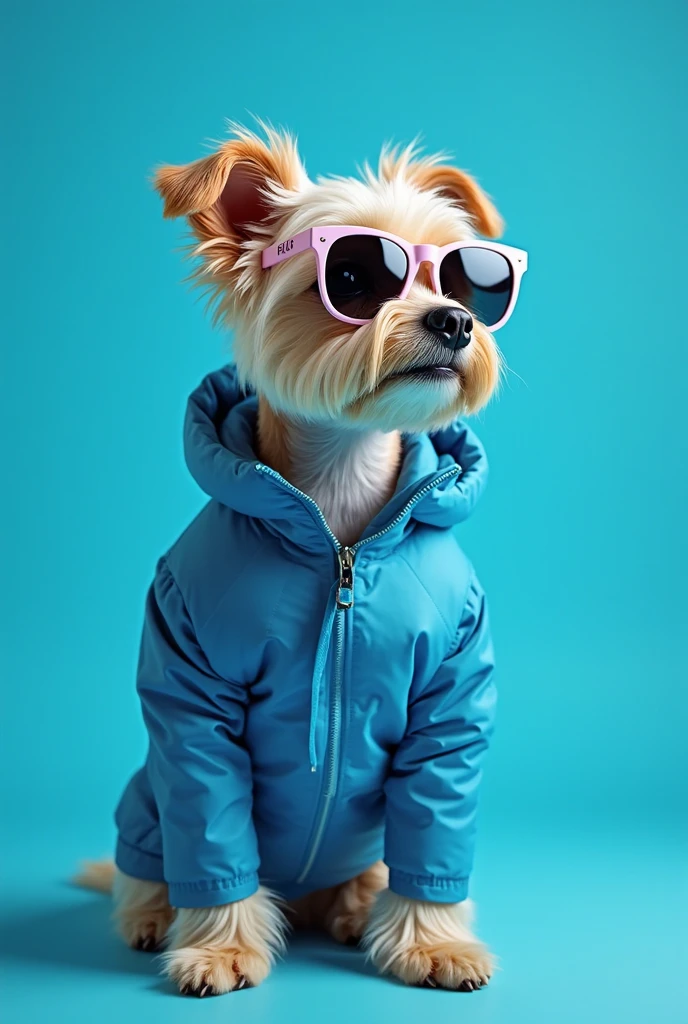 best mobile wallpaper , Award-winning wallpaper , Photo photography , Front view of a cute dog , Wearing a mid-1960s space fashion costume,Side view photo,Shot with a Canon EOS R5, Strong contrast to highlight the theme ,Fluorescent blue , Wearing a very modern jacket and sunglasses ,tas' s 1960s modern style , All clothes are a single color ,Beautiful background