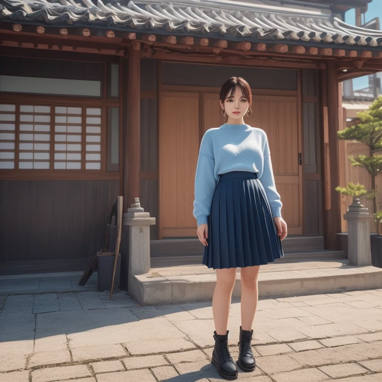 lSkyung, wearing a pink sweater and blue pleated skirt, Standing in front of a traditional Korean house, (8 thousand, RAW photos , best quality, masterpiece:1.2), (realistic, photo-realistic:1.37), profesional lighting, フォトンマッピング, Light energy transmission , Physically Based Rendering