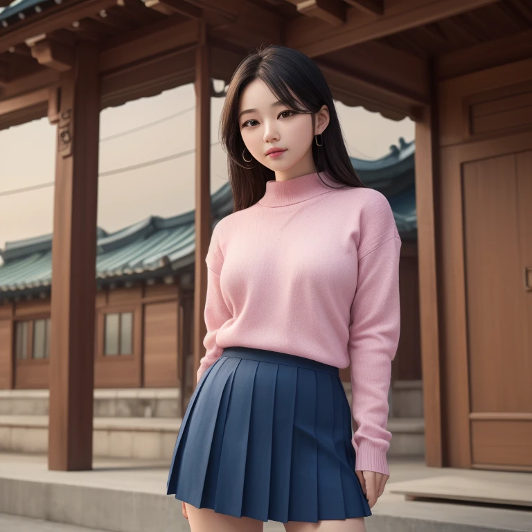 lSkyung, wearing a pink sweater and blue pleated skirt, Standing in front of a traditional Korean house, (8 thousand, RAW photos , best quality, masterpiece:1.2), (realistic, photo-realistic:1.37), profesional lighting, フォトンマッピング, Light energy transmission , Physically Based Rendering