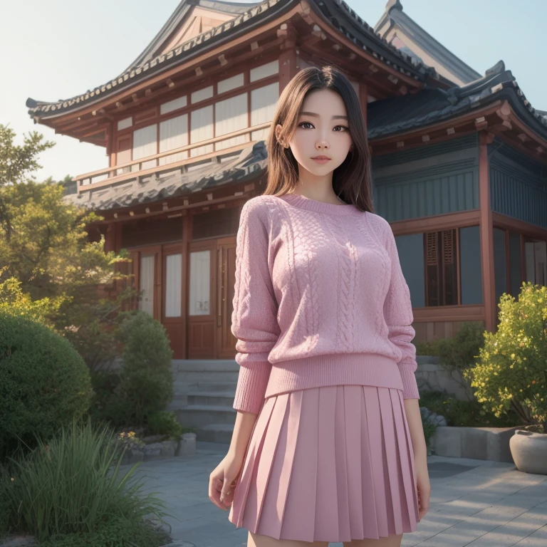 lSkyung, wearing a pink sweater and blue pleated skirt, Standing in front of a traditional Korean house, (8 thousand, RAW photos , best quality, masterpiece:1.2), (realistic, photo-realistic:1.37), profesional lighting, フォトンマッピング, Light energy transmission , Physically Based Rendering  