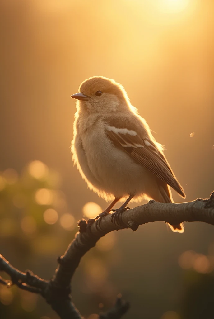 A charming close-up portrait,Showing a beautiful bird,Illuminated by soft golden light on a quiet morning,The bokeh ball gently frames its petite body