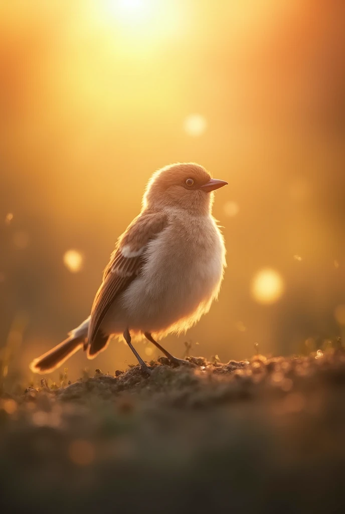 A charming close-up portrait,Showing a beautiful bird,Illuminated by soft golden light on a quiet morning,The bokeh ball gently frames its petite body