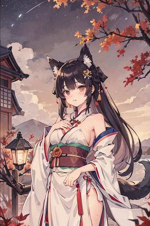 score_9, score_8_up, score_7_up, 1girl, black hair, long hair, fox ears, kimono, cleavage, undressing, cherry blossoms, (smirk:0.6)
