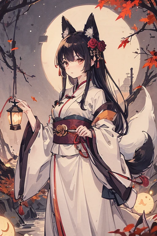 1girl, (fox ear:1.1), shirakami fubuki, watch the audience, jewelry , ribbons, ribbons-trimmed sleeves, long hair, white, Eau色眼睛, Eaucolor (middling), colorized pencil (middling), green bow, (blue rosette:1.1), 耳Nipple Ring, mountain , Dusk, autumnal leaves, ((autumnal)), Chinese outfit, clouds, 东亚buliding, The bird, expressionless , buliding, red rosette, rosette, yuki, yukiflakes, firey, (nagishiro mito:1.2), Skysky, blue Skysky, Red Moon, fox tails, kitsune mask, red colour , Wet with, rained, Eau, white flower, blue flowers, yellowflower, meteors, starry Skysky, The tree, green background , rainedbow, bloods, casa, sThe treet, (flod:0.8), (the ocean:0.8),(Eaufall:0.8), place your hand on your chest, lamp lights柱, lamp lights, (ht:1.255), hitodama