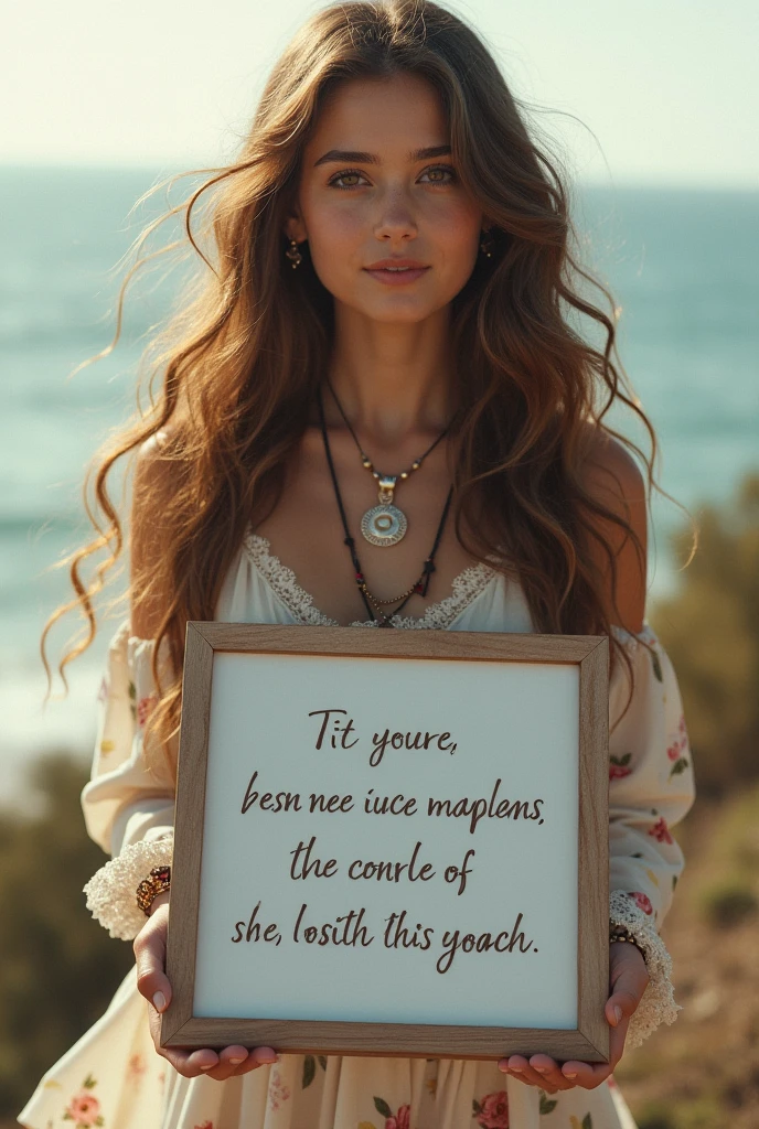 Beautiful girl with wavy long hair,Dressed in a bohemian style,Holding a whiteboard with the words "I Love SeaArt Infinity",and show the audience