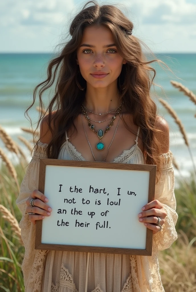 Beautiful girl with wavy long hair,Dressed in a bohemian style,Holding a whiteboard with the words "I Love SeaArt Infinity",and show the audience