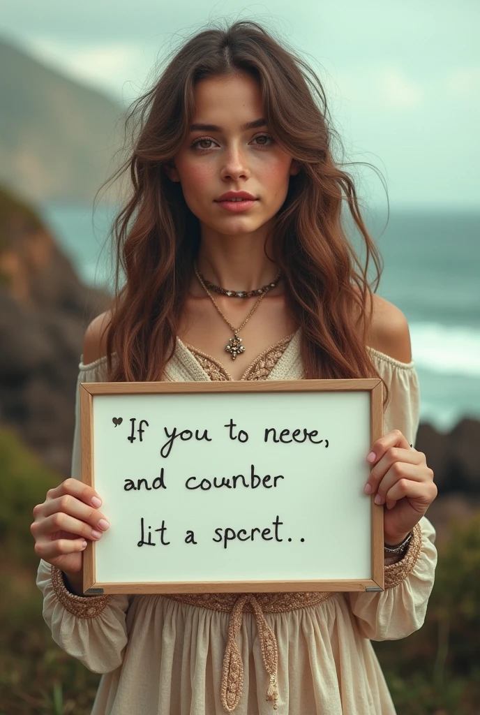 Beautiful girl with wavy long hair,Dressed in a bohemian style,Holding a whiteboard with the words "I Love SeaArt Infinity",and show the audience