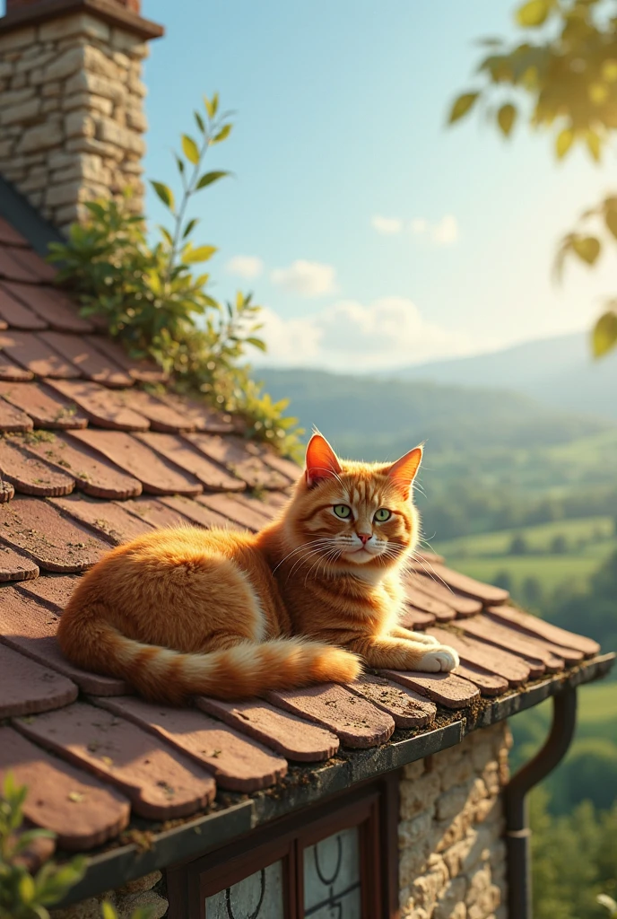 An orange cat,Bask in the sun on the roof of a house in the English countryside