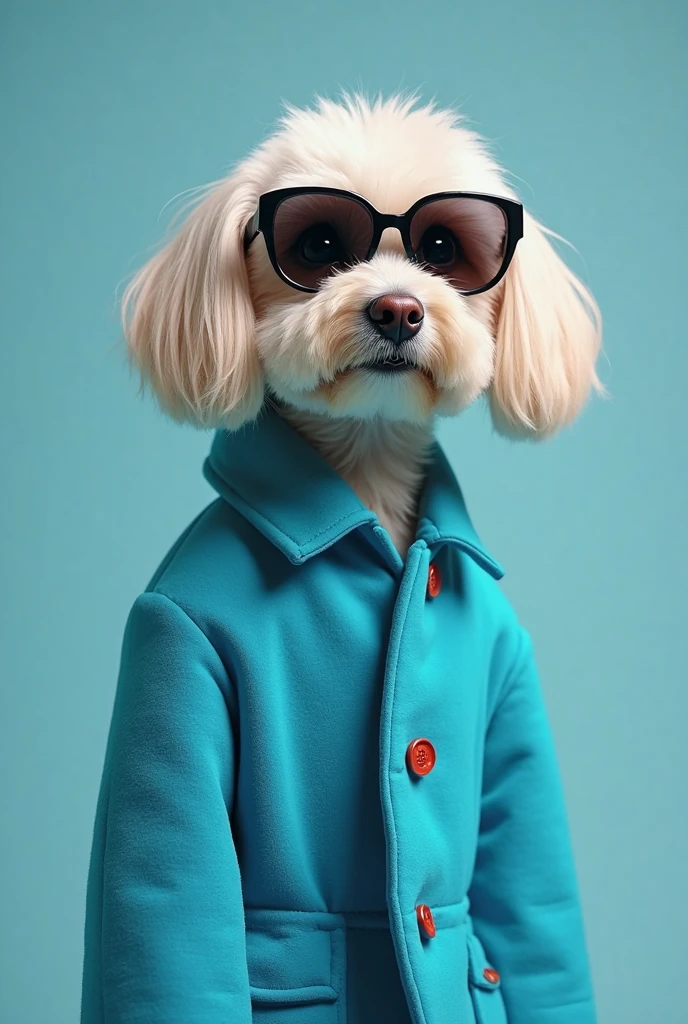 best mobile wallpaper,award - winning wallpaper,Photo photography,Front view of a cute dog,Dressed in mid-1960s space-age fashion,Side view photo,shot with Canon EOS R5,Set a strong contrast to make the subject stand out,Fluorescent blue,Wearing a very modern coat and sunglasses,It's a modern 1960s style,All clothes are one color,Beautiful background