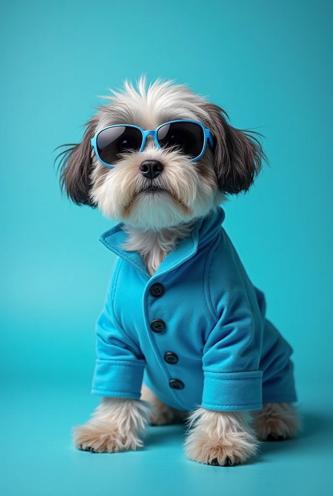 best mobile wallpaper,award - winning wallpaper,Photo photography,Front view of a cute dog,Dressed in mid-1960s space-age fashion,Side view photo,shot with Canon EOS R5,Set a strong contrast to make the subject stand out,Fluorescent blue,Wearing a very modern coat and sunglasses,It's a modern 1960s style,All clothes are one color,Beautiful background