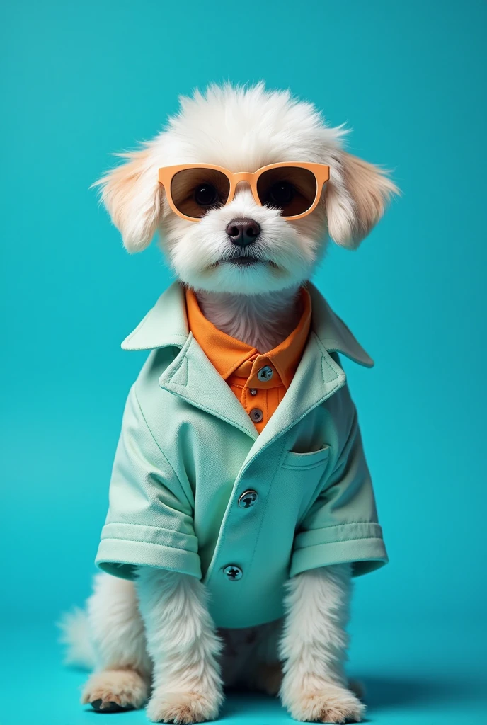 best mobile wallpaper,award - winning wallpaper,Photo photography,Front view of a cute dog,Dressed in mid-1960s space-age fashion,Side view photo,shot with Canon EOS R5,Set a strong contrast to make the subject stand out,Fluorescent blue,Wearing a very modern coat and sunglasses,It's a modern 1960s style,All clothes are one color,Beautiful background