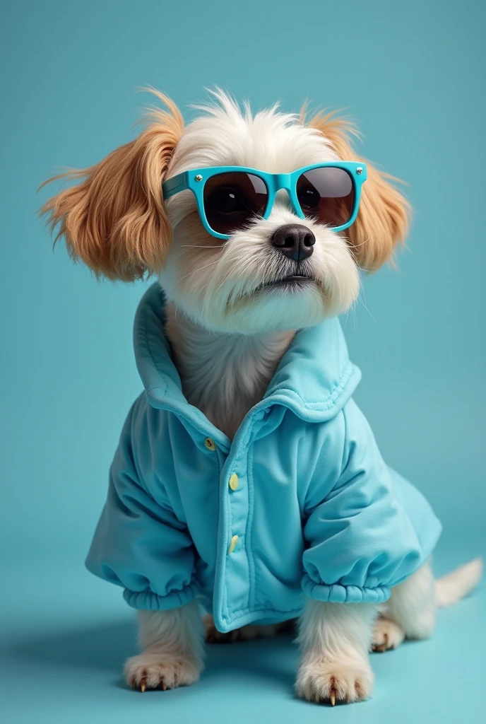 best mobile wallpaper,award - winning wallpaper,Photo photography,Front view of a cute dog,Dressed in mid-1960s space-age fashion,Side view photo,shot with Canon EOS R5,Set a strong contrast to make the subject stand out,Fluorescent blue,Wearing a very modern coat and sunglasses,It's a modern 1960s style,All clothes are one color,Beautiful background