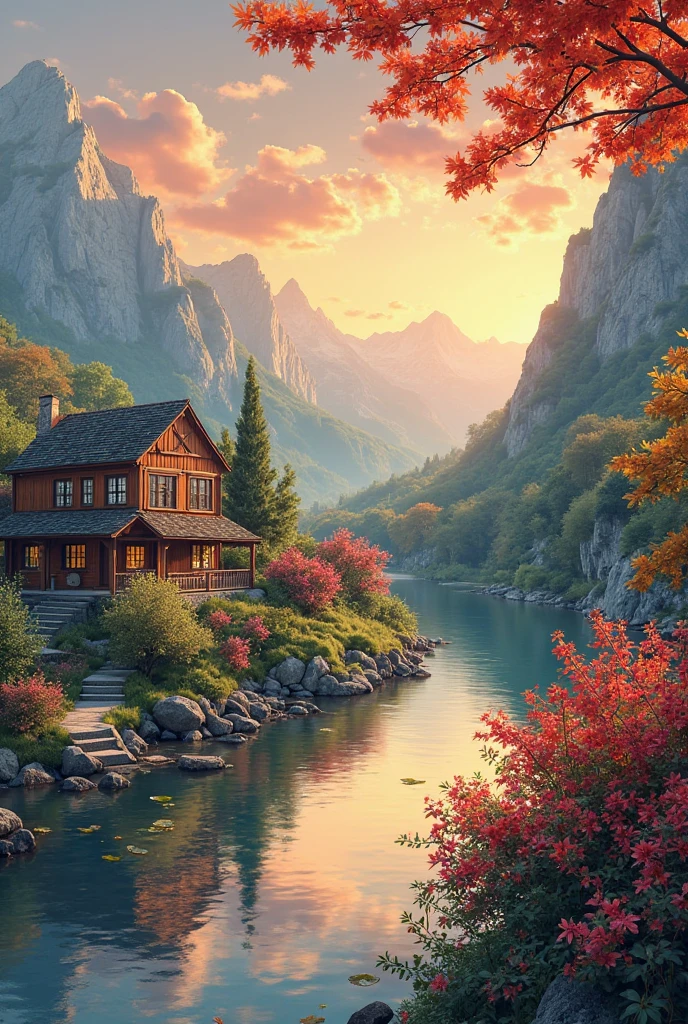 , a small riverside village,The background is mountains,Flowers bloom,Vivid colors,Detailed scenery,Beautiful natural landscape,Ambiance Lighting,Scorching sunset,a warm color palette,utility,utility摄影,Delicate leaves,Complex architecture , cobblestone streets , charming country cottages , swirling bright colors, dense vegetation ,Still water reflections,picturesque,Leisure and tranquility,artwork of a,Best quality,8k,Extremely detailed,anime style