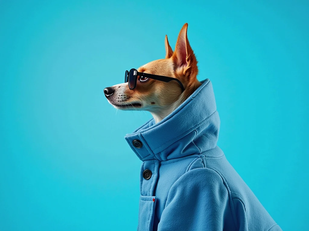 best mobile wallpaper,award - winning wallpaper,Photo photography,Front view of a cute dog,Dressed in mid-1960s space-age fashion,Side view photo,shot with Canon EOS R5,Set a strong contrast to make the subject stand out,Fluorescent blue,Wearing a very modern coat and sunglasses,It's a modern 1960s style,All clothes are one color,Beautiful background