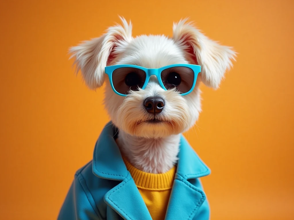 best mobile wallpaper,award - winning wallpaper,Photo photography,Front view of a cute dog,Dressed in mid-1960s space-age fashion,Side view photo,shot with Canon EOS R5,Set a strong contrast to make the subject stand out,Fluorescent blue,Wearing a very modern coat and sunglasses,It's a modern 1960s style,All clothes are one color,Beautiful background