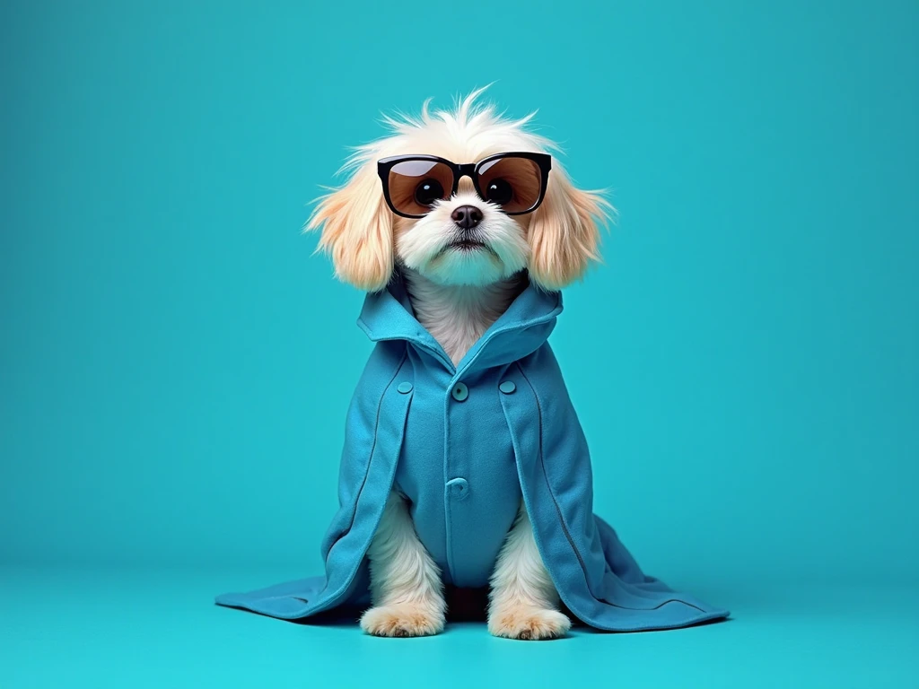 best mobile wallpaper,award - winning wallpaper,Photo photography,Front view of a cute dog,Dressed in mid-1960s space-age fashion,Side view photo,shot with Canon EOS R5,Set a strong contrast to make the subject stand out,Fluorescent blue,Wearing a very modern coat and sunglasses,It's a modern 1960s style,All clothes are one color,Beautiful background