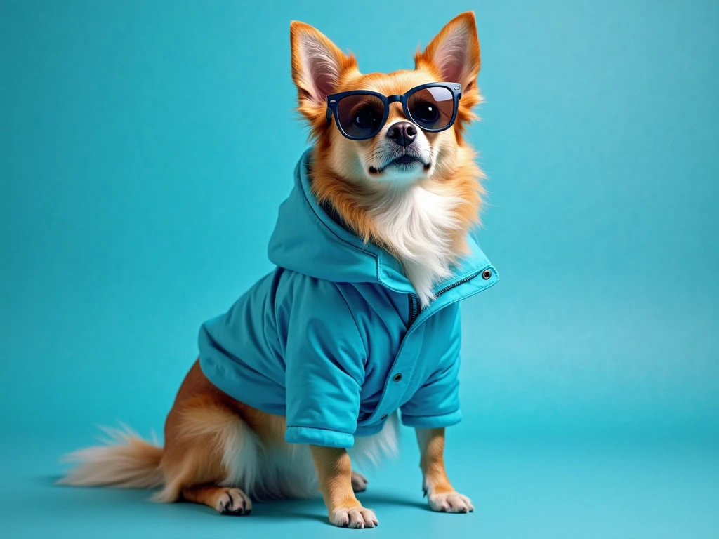 best mobile wallpaper,award - winning wallpaper,Photo photography,Front view of a cute dog,Dressed in mid-1960s space-age fashion,Side view photo,shot with Canon EOS R5,Set a strong contrast to make the subject stand out,Fluorescent blue,Wearing a very modern coat and sunglasses,It's a modern 1960s style,All clothes are one color,Beautiful background