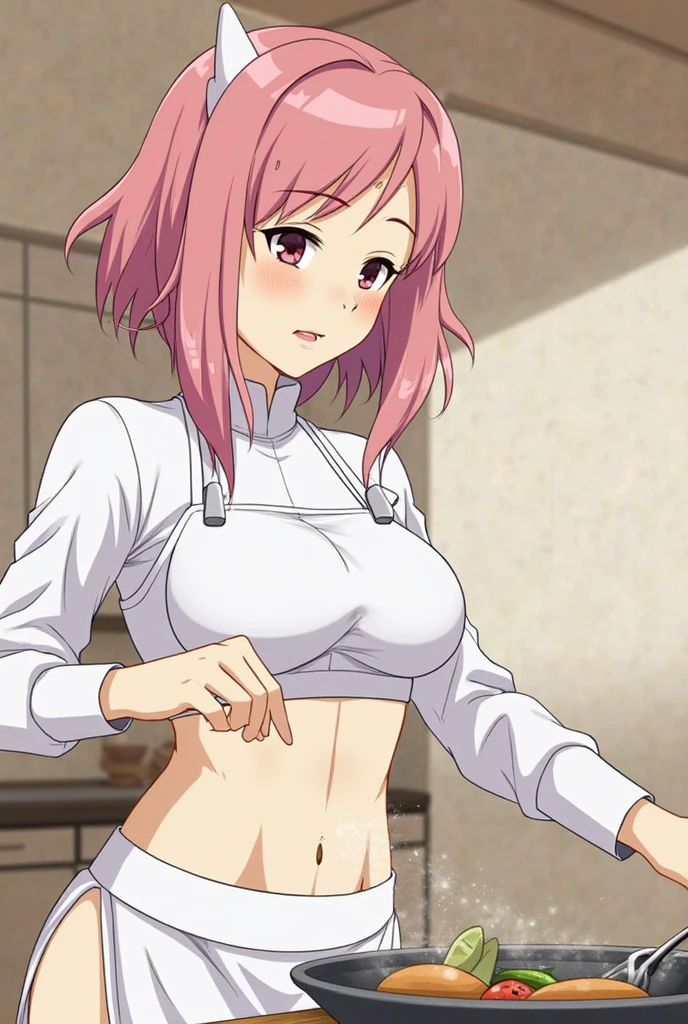 (Very detailedな CG Unity 8k 壁紙),(masterpiece),(highest quality),(Very detailed),(Best illustrations),(Best Shadow),(Absurd),   Michiyo, One Girl, Pink Hair, blue eyes, alone, smile,, indoor,whole body, View Audience, Single Hair Band, bangs, Hair between the eyes, White Bikini, Bun Hair, Mouth closed, shelf、Huge breasts、From the side:0.7,