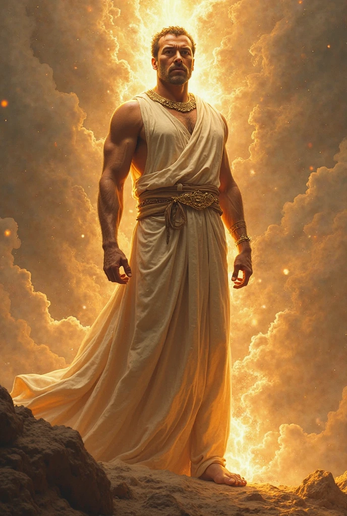 A man clothed in linen, whose loins were girded with pure gold of Uphaz. His body also was [a golden luster] like beryl, his face had the appearance of lightning, his eyes were like flaming torches, his arms and his feet like glowing burnished bronze.