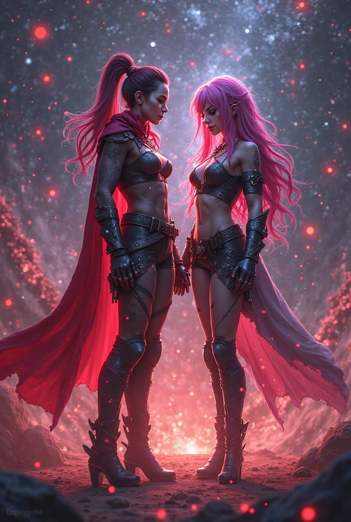 A young 15- yr old chimera girl with lovely charming face, having phoenix skin tone pigmenting texture, (wearing nose ring), (body builder, athletic masculine size body),(having a lots of battle scar's), (phoenix skin texture masterpiece ), (tomboyish cyber punk hairstyles look), (( wearing helmet with horns)), (serious, with exposed teeths showing large fangs)(perfect full body detailed anatomy), (Super accessories detailed), (fighting pose), (perfect detailed bright sparkling eyes),( short illuminating hair), ((expose big hard erect nipples))(( wearing illuminating transparent armored panty and bra, with pussy clitoris exposed ))((legs wide open showing pussy line))(( Wearing illuminating transparency lion costumes )), (( holding a treasure axe or treasure war hammer )), ( crystalized cliff background), (( illuminating different lights covering the sorrounding atmosphere of battle fields)) on its back wearing dark cape detailed design, has a angry face, 7 different perspective view of that same girl & face profile sheet character style