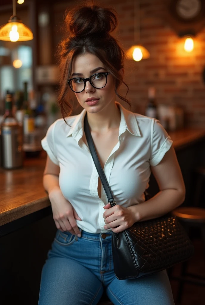 Woman, Portrait, 20 Years old, Beauty face, French, Skinny, Striptease, Glasses, Blouse, Skirt, Unbuttoned clothes, Brunette hair, Bangs, Medium hair, Piercing, Pale skin, Small breasts, Thick thighs, Cafe, Cinematic light, Soft light