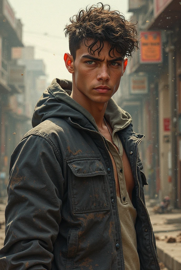 (Photorealism:1.2), A young man with black curly hair, he has dark green eyes like moss, one with freckles on his nose and a smile on his face. Simple clothes, thrown together in a haphazard way. He doesn't have a lot of muscle, but he has a well-defined body with a height of 1,69 with scars on his fists wearing a red visible jockstrap
