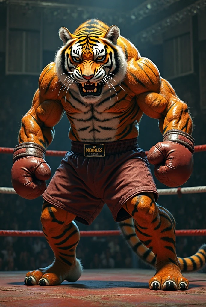 there is a tiger that is standing in a boxing ring, tiger_beast, strong and ferocious, fierce expression 4k, anthropomorphic tiger, muscular characters, muscular and terrifying, muscular character, extreme muscles, strong and imposing, big muscles, steroids, big muscle, ((tiger)), tony the tiger, half tiger, amazing wallpaper